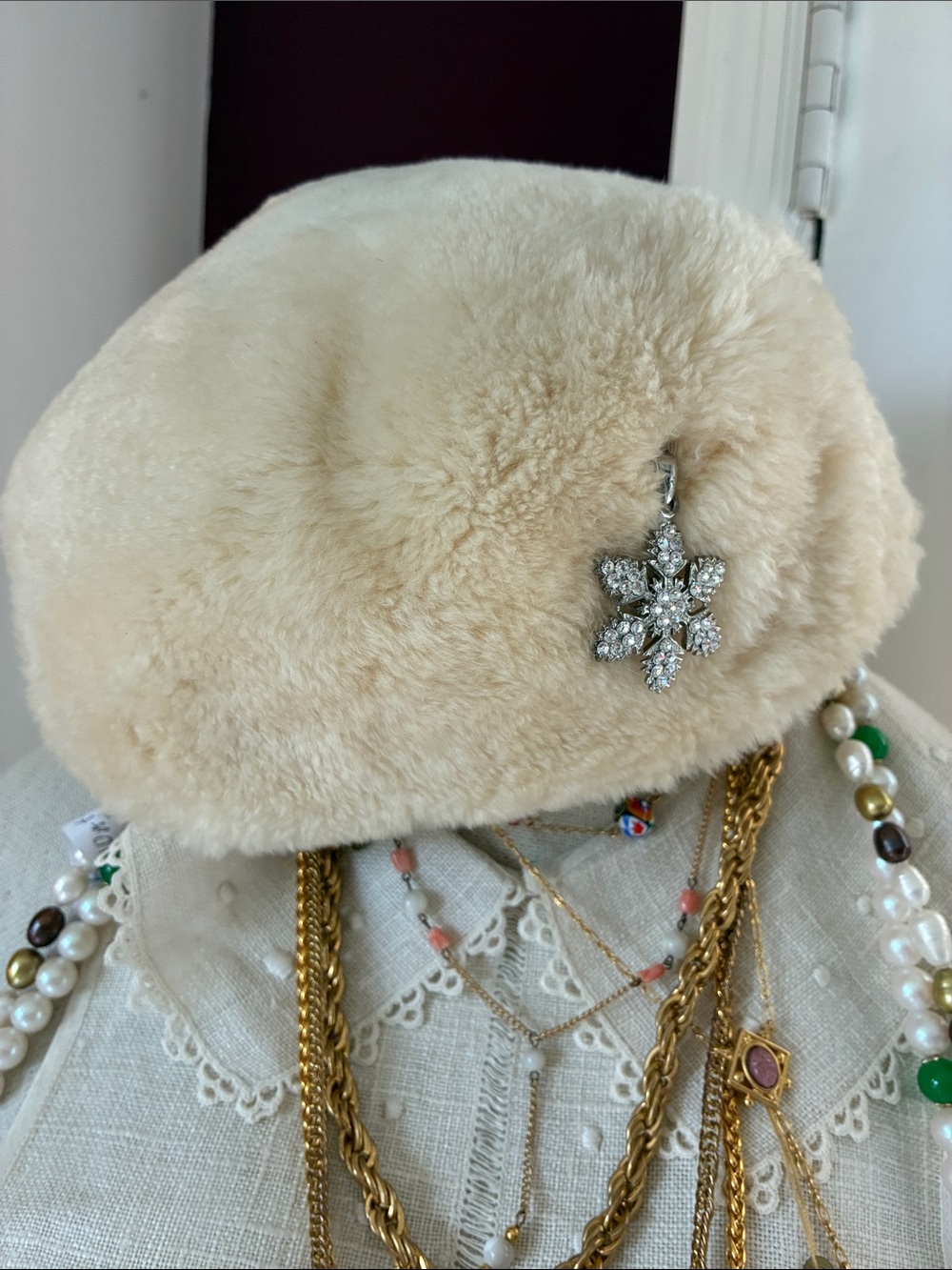 Cream Mouton Lamb Beret with Snowflake Crystal Brooch